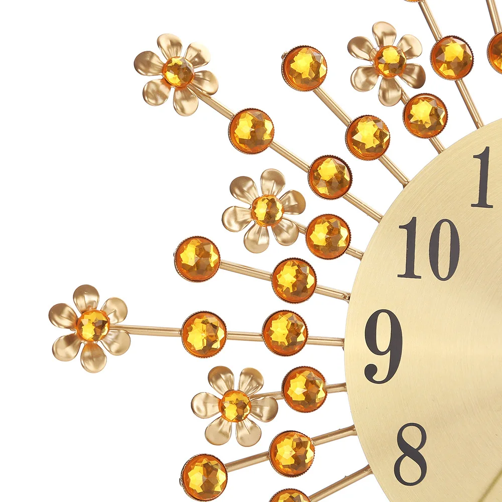 

European style diamond inlaid flower fashion wall clock living room bedroom quiet metal wall clock