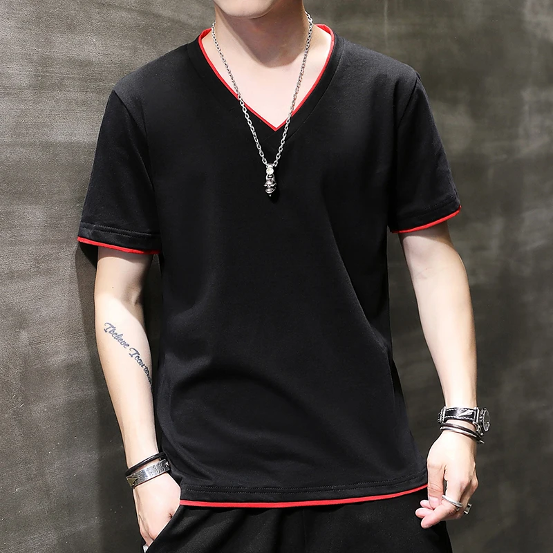

Product Trend Summer T-shirt Men's Solid Color V-neck Short-sleeved Short-sleeved T-shirt Men's Cotton Fake Two-piece T-shirt
