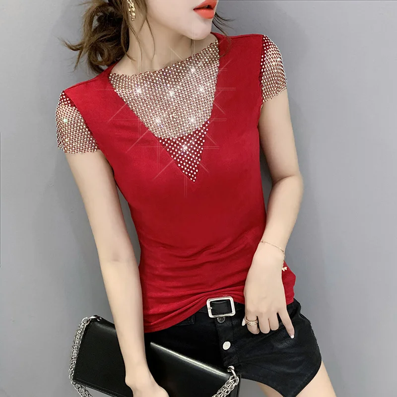 

#7136 Summer Cotton Spliced Mesh Hollow Out Short Sleeve T Shirt Women Slim Sexy Club Basic T Shirt Femme Black White Red Grey