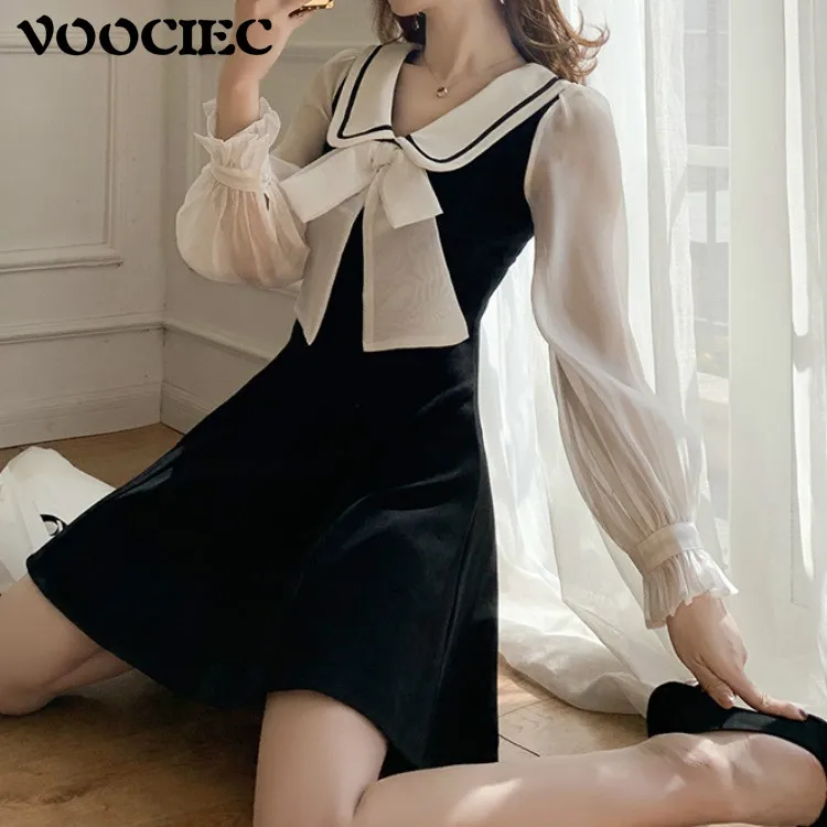 

VOOCIEC Spring and autumn commuting women's dress Fashion big bow slim black and white classic dress lace bubble sleeve dress