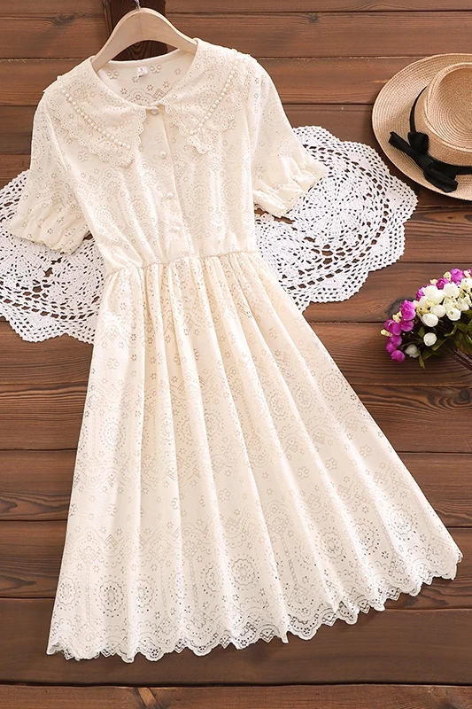 

Summer New Style Mori Girl Small Fresh Lace Doll Collar Waist Slimming Temperament Fairy Small Short-Sleeved Dress