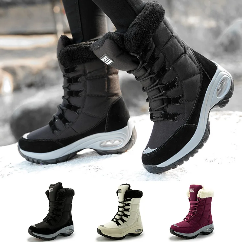

Fashion Women Boots Winter Cotton Shoes Keep Warm Mid-Calf Snow Boots Ladies Lace Up Comfy Waterproof Booties Chaussures Femme