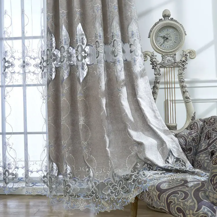 

European Style Luxury High-grade Curtains Gray Chenille Water-soluble Embroidery Curtains for Living Dining Room Bedroom