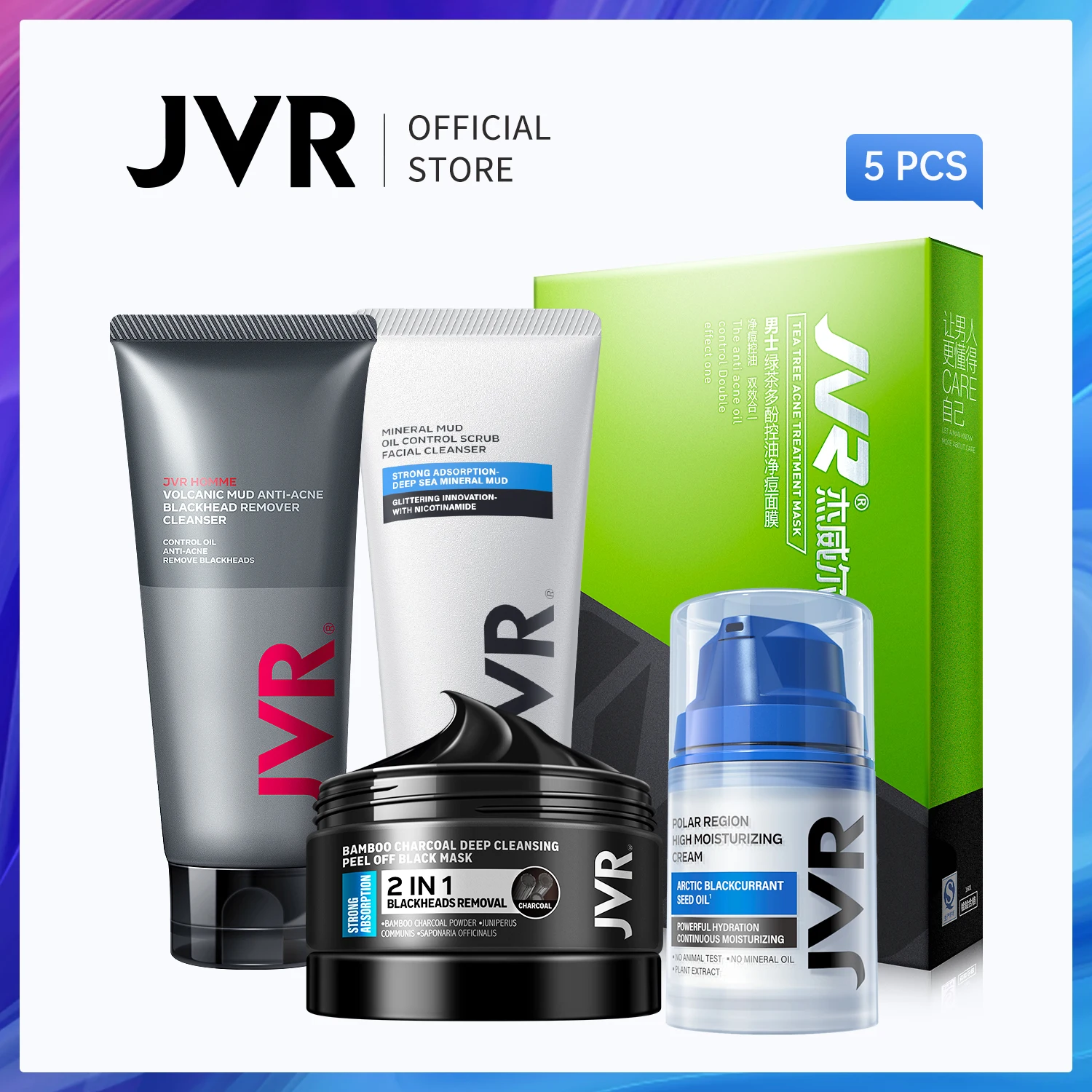 

JVR 5pcs Skin Care Sets Tearing Mask Remove Blackhead Acne Treatment Facial Cleanser Deep Moisturing Cream Sheet Mask Face Care