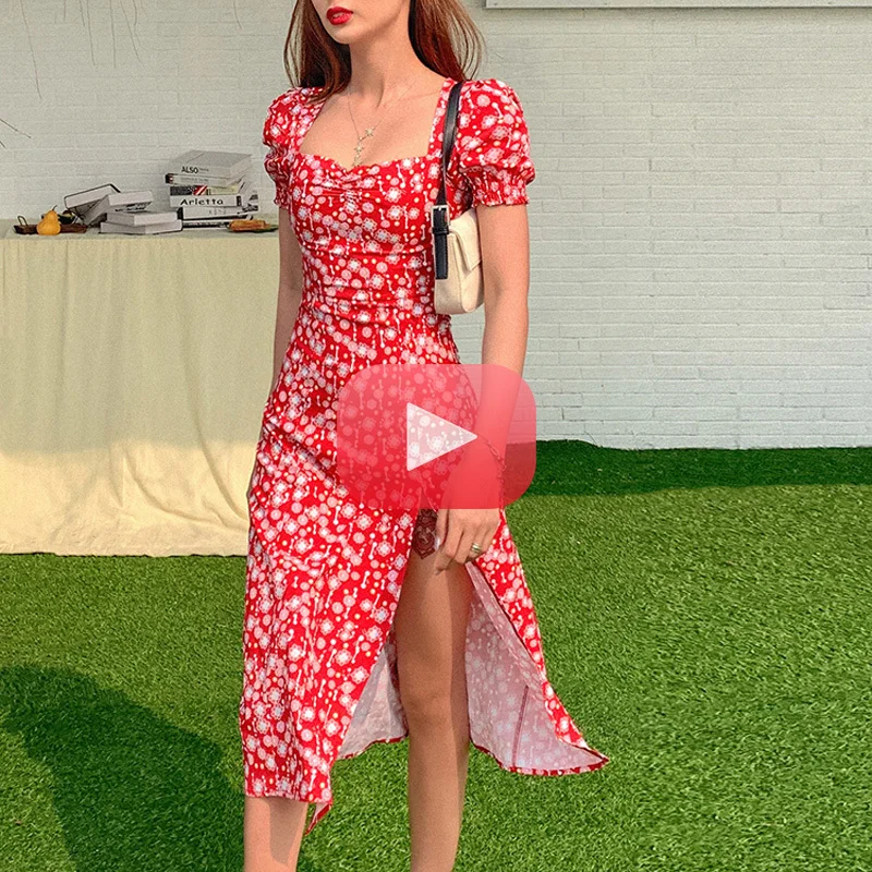 

Women Summer Vintage Party Dress Lady France Style Puff Sleeve Floral Print Square Collar Side Split Midi Dress Vestido