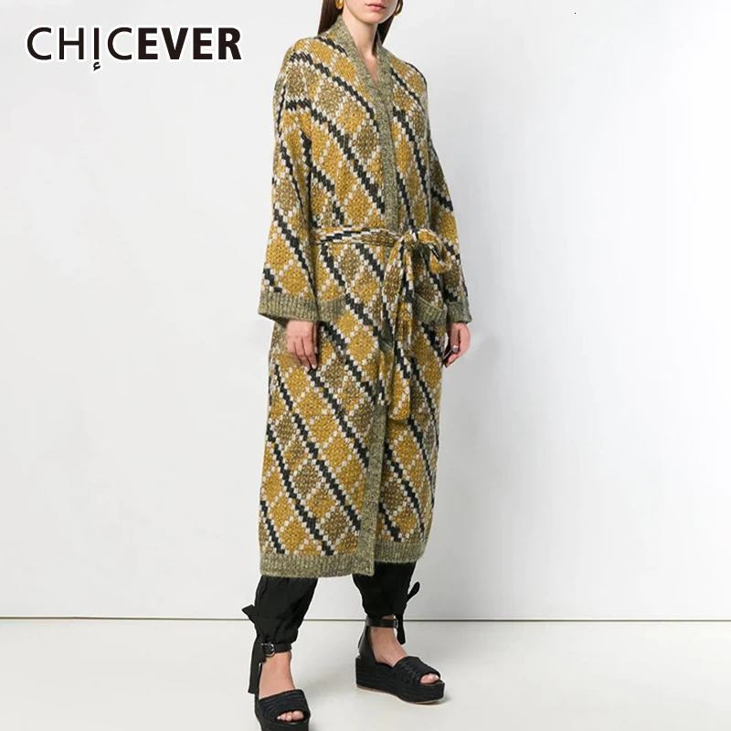 CHICEVER элегантные клетчатые вязаные женские кардиганы с длинным рукавом и высокой