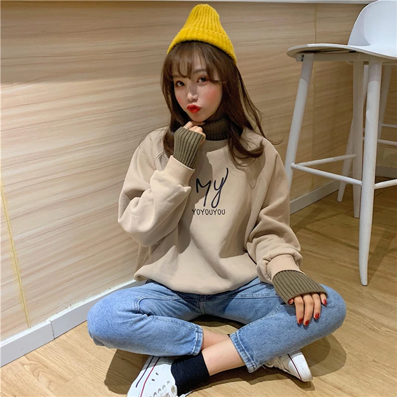 

New winter women's sweatshirts for 2021 loose-fitting turtlenecks Korean-version stitched jumpers