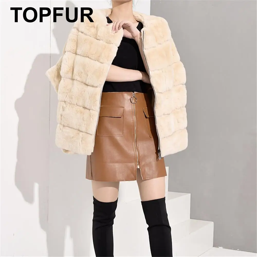 TOPFUR Winter Coat Women Beige Coat Women Rex Rabbit Fur Coat Plus Size Real Fur Coat Women Leather Jacket Bat Type Winter