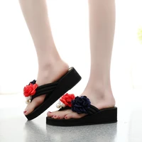 fashion new solid 2021 women sandal summer beah flower bead flip flops wedges shoes thick sole shoes footwear