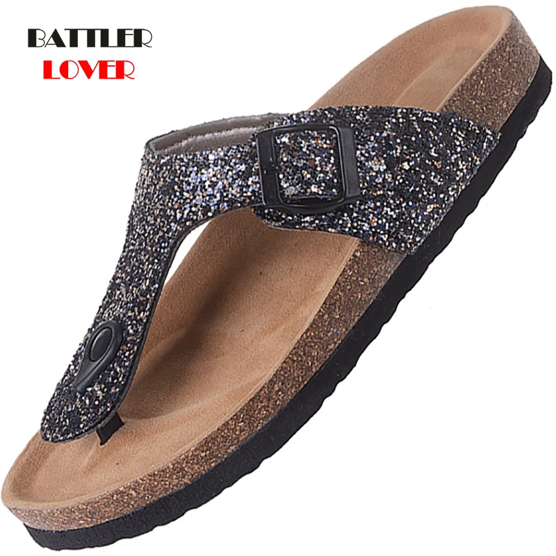 

Men's Summer Sandals Fashion Bling Sequins Thick Soles Muffin Soft Cork Shoes for Couples Beach Slippers Family Home Flip Flops