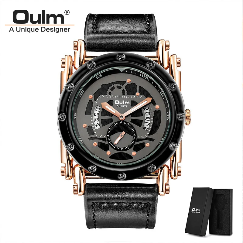 gold(with box) Oulm крутые Панк мужские часы роскошные кожаные кварцевые мужские часы водонепроницаемые спортивные Ретро Модные золотые черные часы дропшиппинг - Цвет: gold(with box)