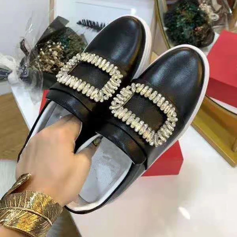 

vallu2020 spring and autumn new big diamond buckle full leather fashion all-match shallow mouth leather lining flat bottom women