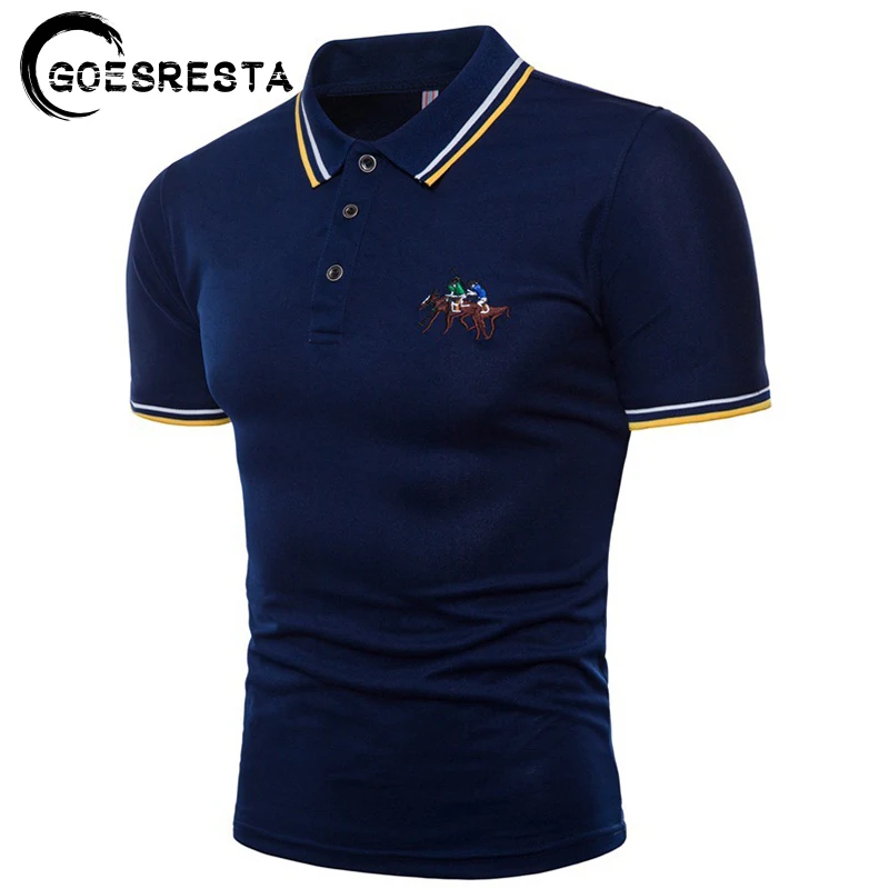 Мужская хлопковая рубашка-поло повседневная Однотонная с короткими рукавами и