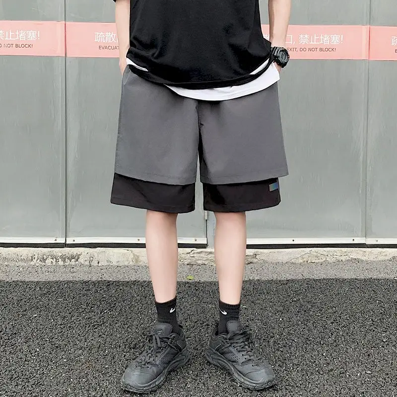 

Reflective streetwear fake two piece shorts summer men casual shorts plus size clothing Knee Length short high waist pants
