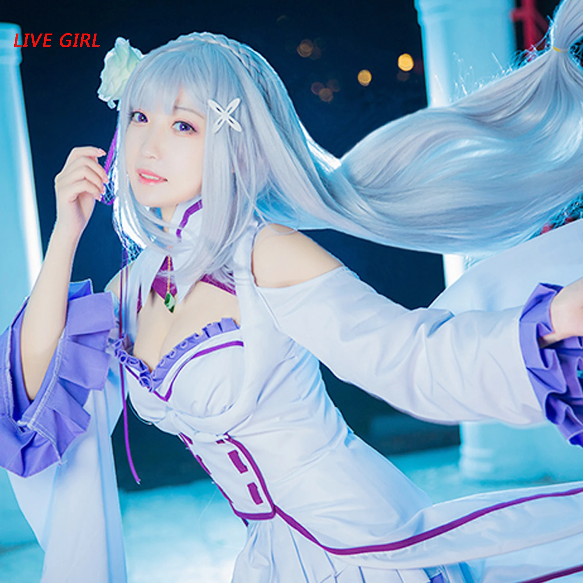 Косплей костюм Liva girl из аниме Re Zero kara Hajimeru Isekai Seikatsu Emilia платье + носки обувь коак| |