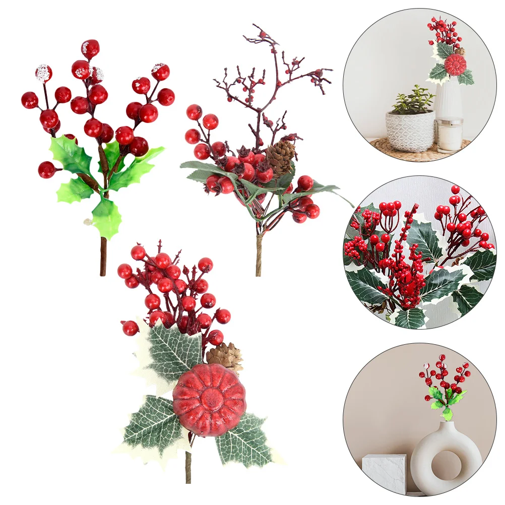 

1 Set 3 Pcs Christmas Decors Berry Bouquets Creative DIY Accessories (Red Green)