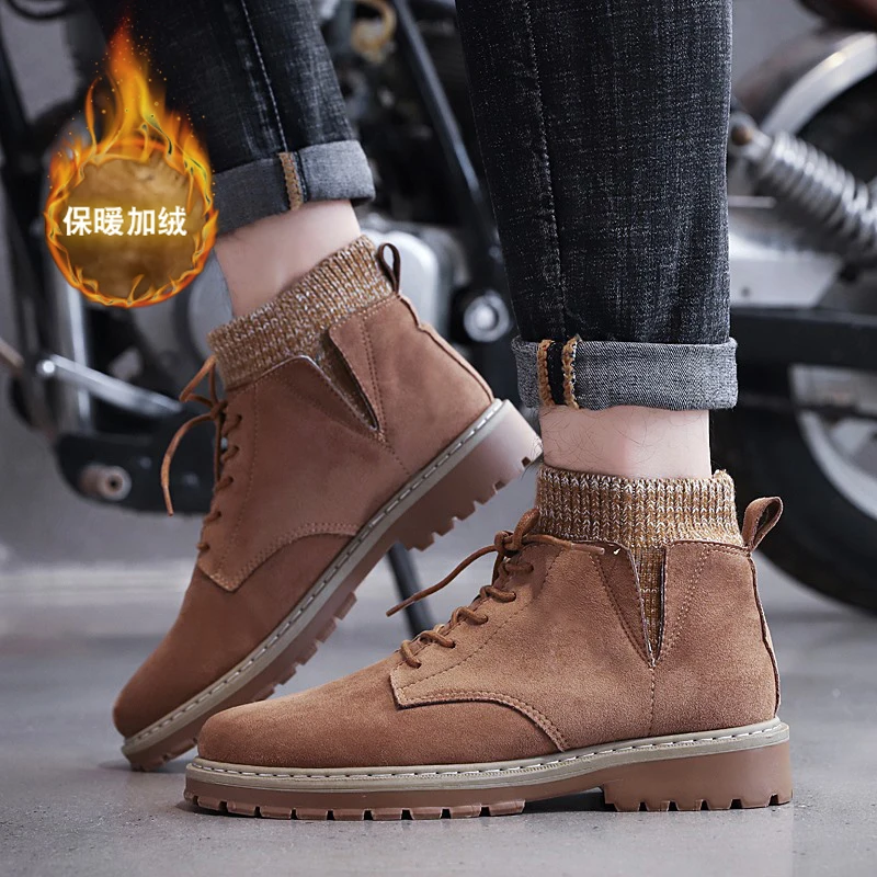 

2019 Winter Men PU Leather Ankle Snow Boots Shoes Motorcycle Fur Plush Warm Classic Fashion Desert Boot Male ShoesCasual booties