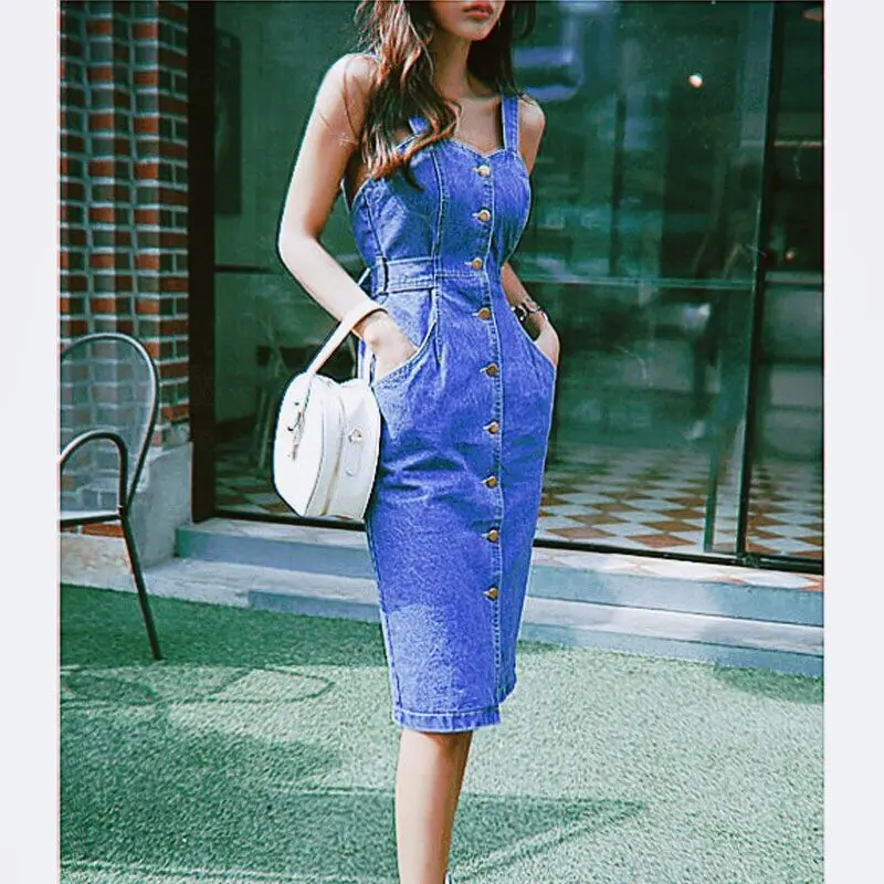 Женское джинсовое платье на бретельках с бантом открытой спиной для отпуска в