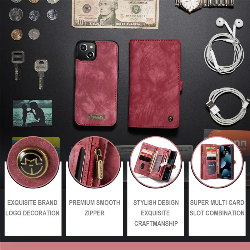 Магнитный кожаный чехол CaseMe для iPhone 13 12 11 Pro Max X XS XR SE 2020 8 7 6 6S Plus кошелек на молнии