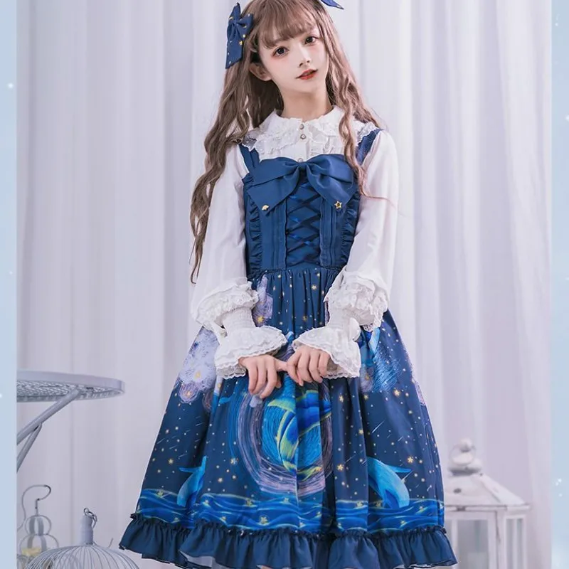 Женское платье в японском стиле Харадзюку милое голубое на бретельках В Стиле