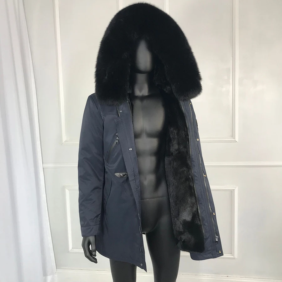 

Winter Thicken Fur Lining Mens Overcoat Real Fur Collar Hooded Jacket real mink fur lining natural fox fur hood collar parkas