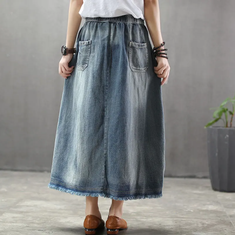 Новые женские юбки до середины икры с вышивкой и кисточками из хлопка денима