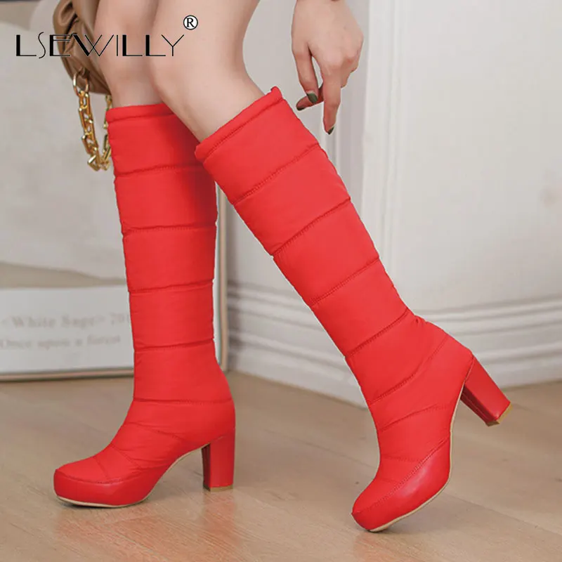 

Lsewilly 2021 Russia Winter Women Shoes Down Fabric Warm Knee High Heels Woman Snow Boots With Faux Fur Plush Lined Big Size 43