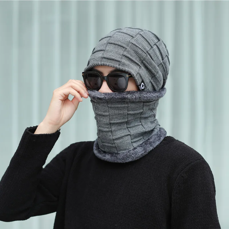 Men's hats in autumn and winter plus velvet knit Korean version of head scarf set ear protection warm wool hat |