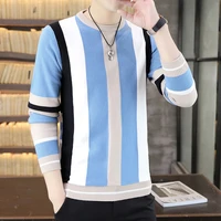 autumn new mens fashion simple korean color matching stripe round neck sweater mens thin sweater