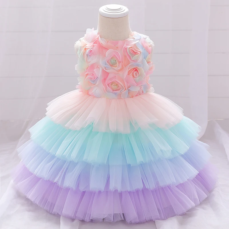 

Summer Flower Baptism Dress Petal Toddler Infant 1st Birthday Dress For Baby Girl Clothing Cake Tutu Dress Princess Dresses