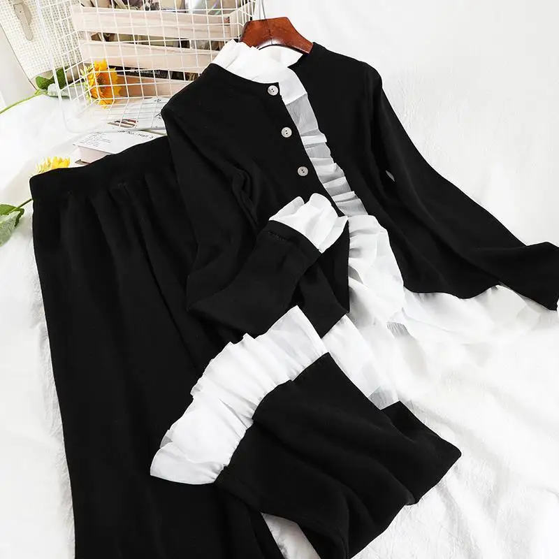 

V397 Korean version of the new fall and winter fashion set color sweater jacket straight Tube wide-legged casual pants two-piece