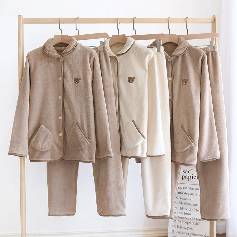 

Japanese Solid Color Cute Pajamas Set Flannel Thick Couple Home Wear Long Sleeve Trouser Home Service For Women Winter Sleepwear