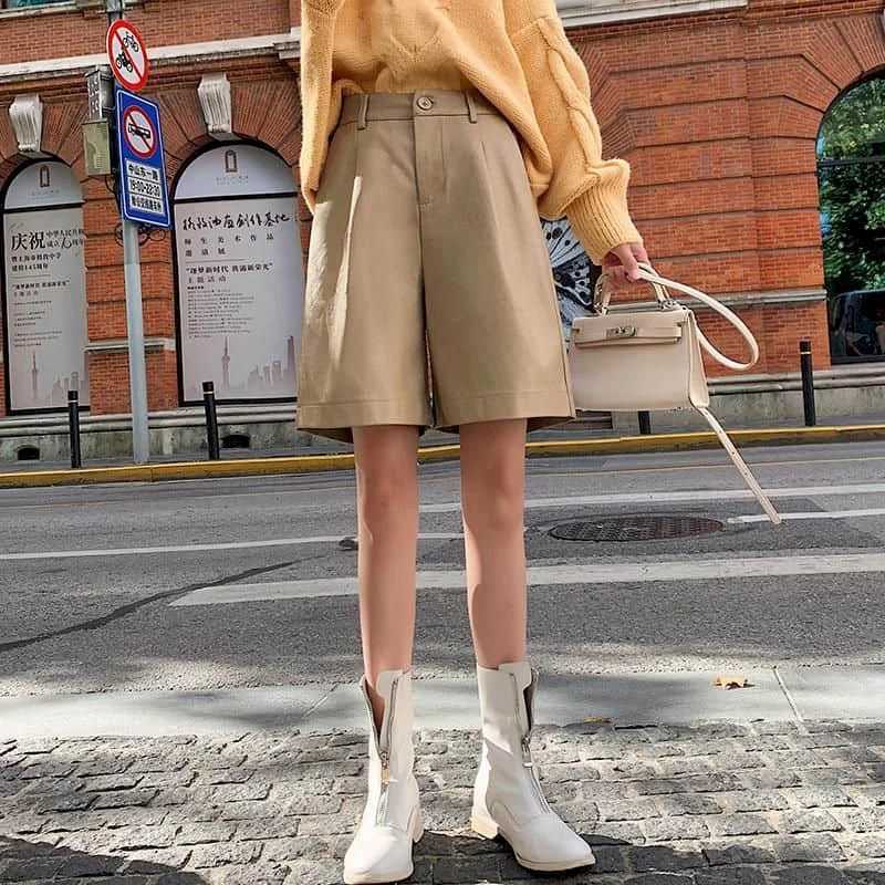 

New Autumn Winter Solid PU Shorts Women Loose Short Pants Casual Straight High Waist Normcore Style Wide Leg Pleated Pants