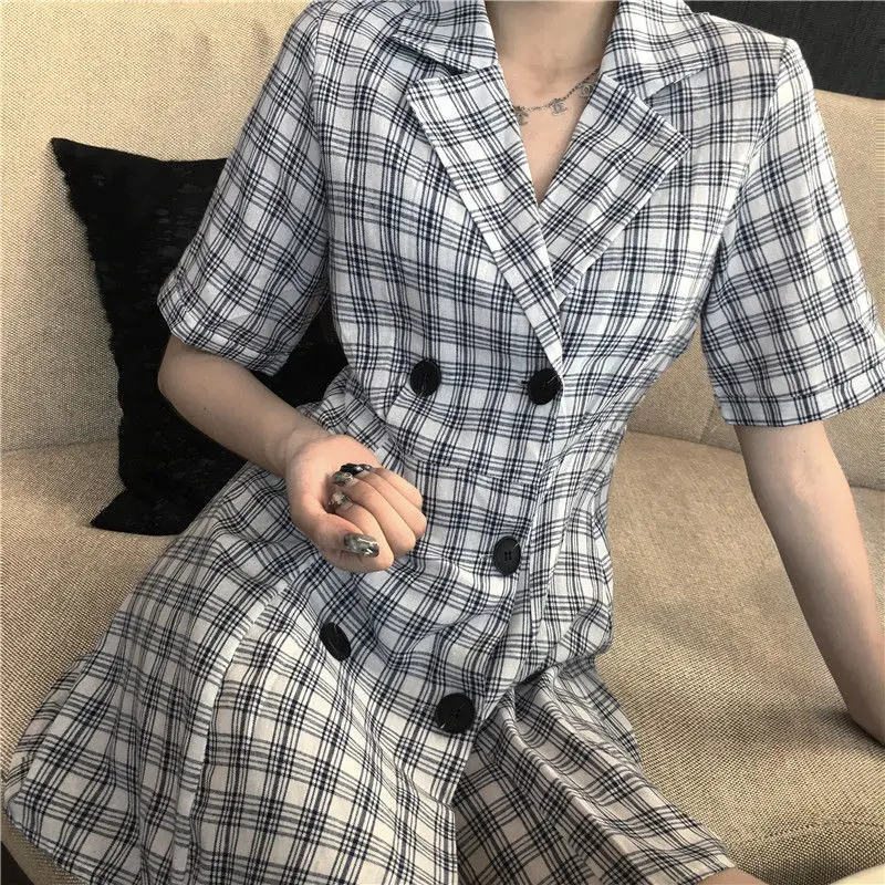 women dress White Новейший женский OL Тонкий Блейзер Платье женское зубчатое с коротким рукавом клетчатое повседневно-деловое платье короткая Офисная Рабочая верхняя одежда - Цвет: women dress White