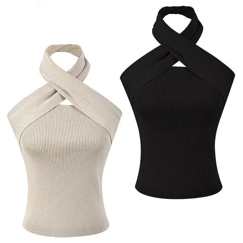 

[Aurance] Women Sexy Camis Knitted Halter Top Knitting Tank Tops Fashion Backless Top All Match Bottoming Camisole Spring Summer