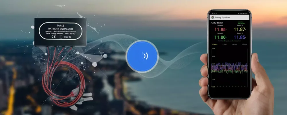 Балансировщик аккумуляторов HA12 с отображением напряжения через мобильный телефон для 4*(2В-5В) или 4*(6В-12В) солнечной батареи.