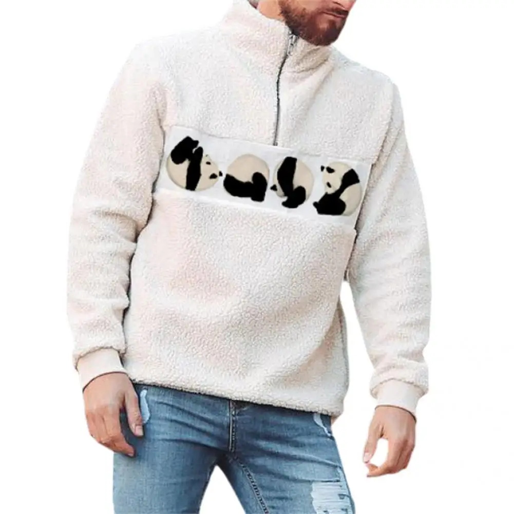 

Plus Size Men Hoodie Pullover Coat Stand Collar Warm Casual Panda Pattern Men Sweatshirt for Winter