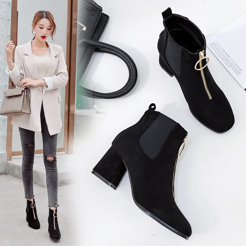 Обувь женские ботинки ботильоны из флиса на квадратном каблуке 7 см с квадратным