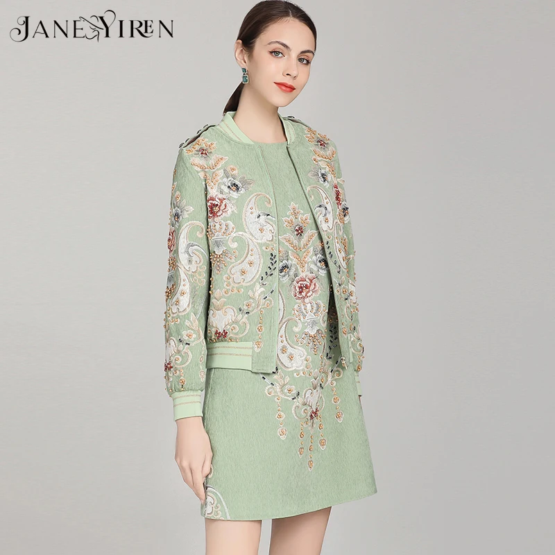 Janeyiren Fashion Designer Autumn green Jacquard Short Dress Suit Women's Long sleeve Jacket Coat＋Beading Mini Dress 2 Pieces Se