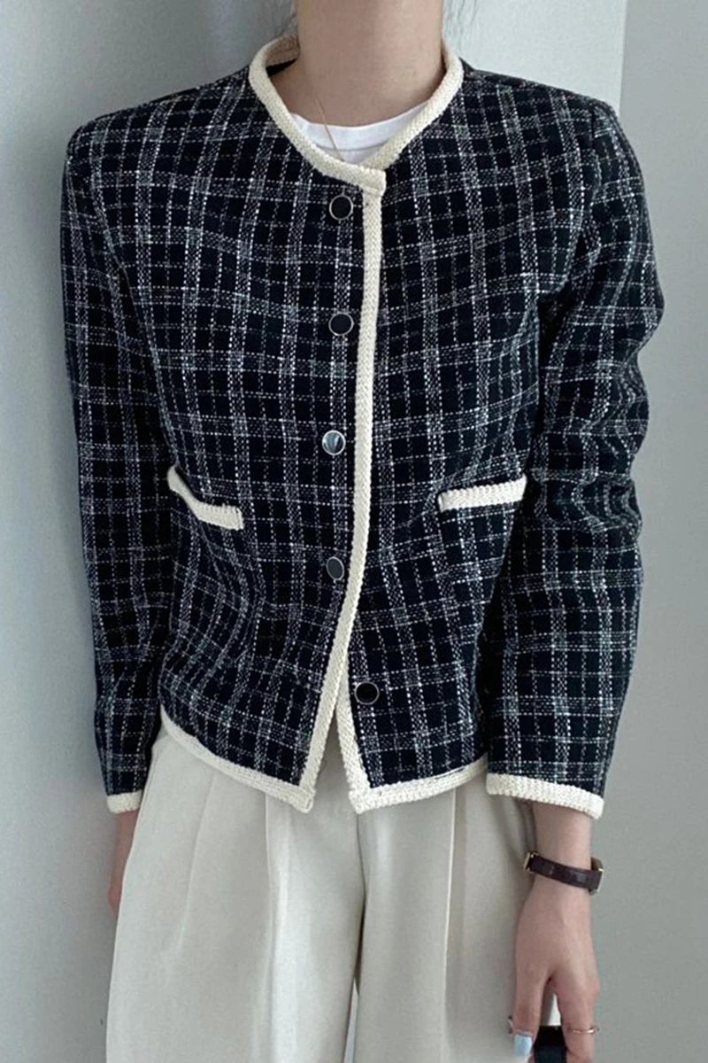 

ZCSMLL Korea Chic Retro Elegant Round Neck Hit Color Plaid Single-breasted Loose Long-sleeved Tweed Short Coat Women
