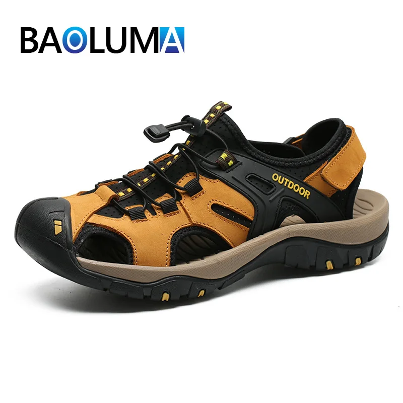 Сандалии мужские для пляжа дышащие Нескользящие кожаные летняя Уличная обувь
