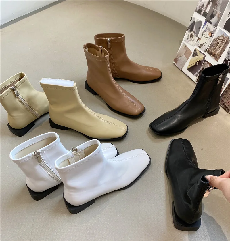 

2021 New Women Round Toe Ankle Boots Fashion Square Med Heel Short Boots Genuine Leather Autumn Winter Shoes