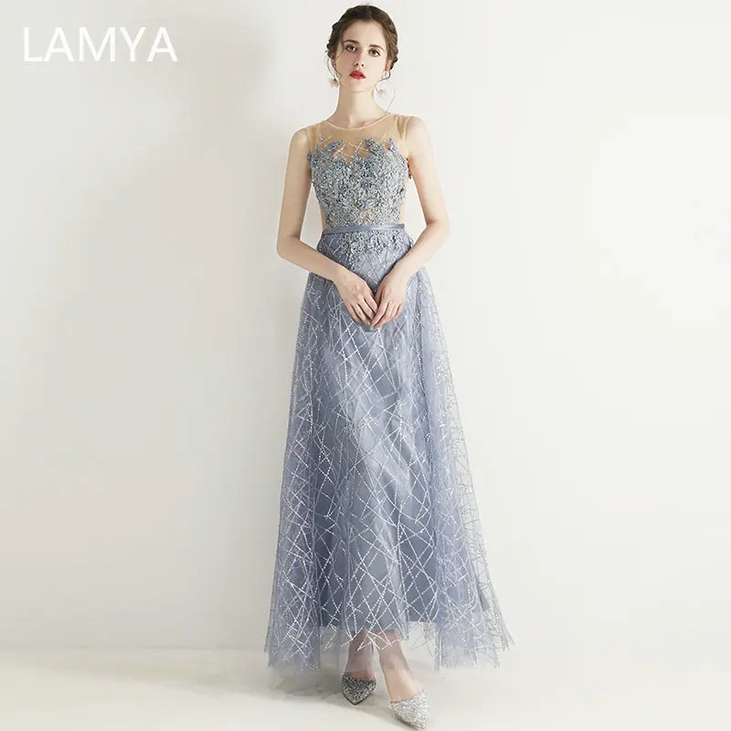 

LAMYA Luxury O Neck Long Evening Dresses Banquet Elegant Appliques Party Prom Gown Robe De Soiree Women Plus Size A Line Dress