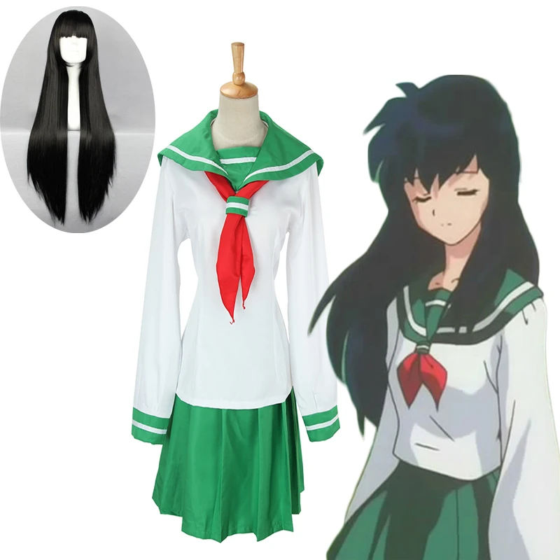 

Anime Cosplay Costume Inuyasha Higurashi Kagome Girl School Uniform Halloween Sailor Costume Full set black wig