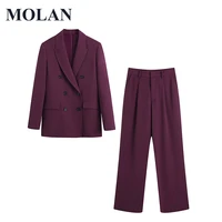 molan loose woman suit set blazerpants office wear lapel double breasted 2021 new casual suit blazer party female chic outwear
