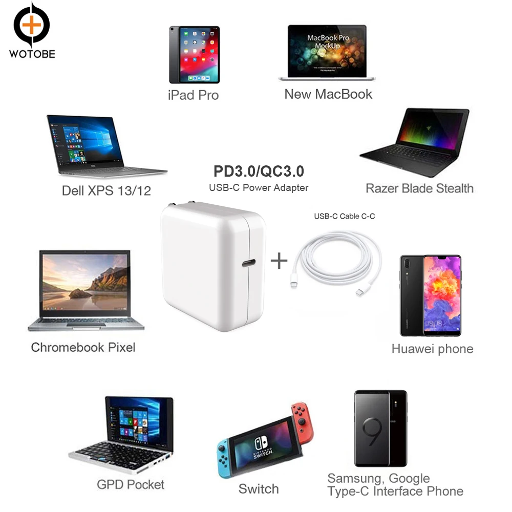 USB-C адаптер питания 29 Вт/30 Вт 61 Вт 87 Вт PD3.0/QC3.0 зарядное устройство кабель для MacBook Pro/Air iPhone/iPad Pro S10(или 2 м USB-C кабель