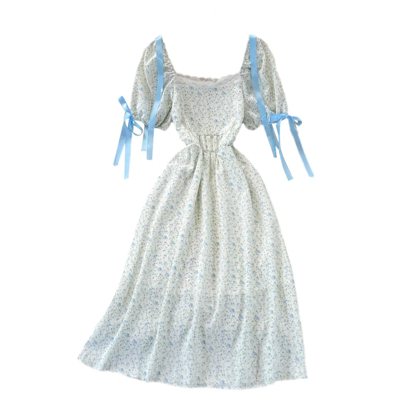

Summer 2021 New Girls Gentle Fairy Dress Sweet French Chiffon Floral Dress Women Sexy Big Swing Long Dresses Short Sleeve