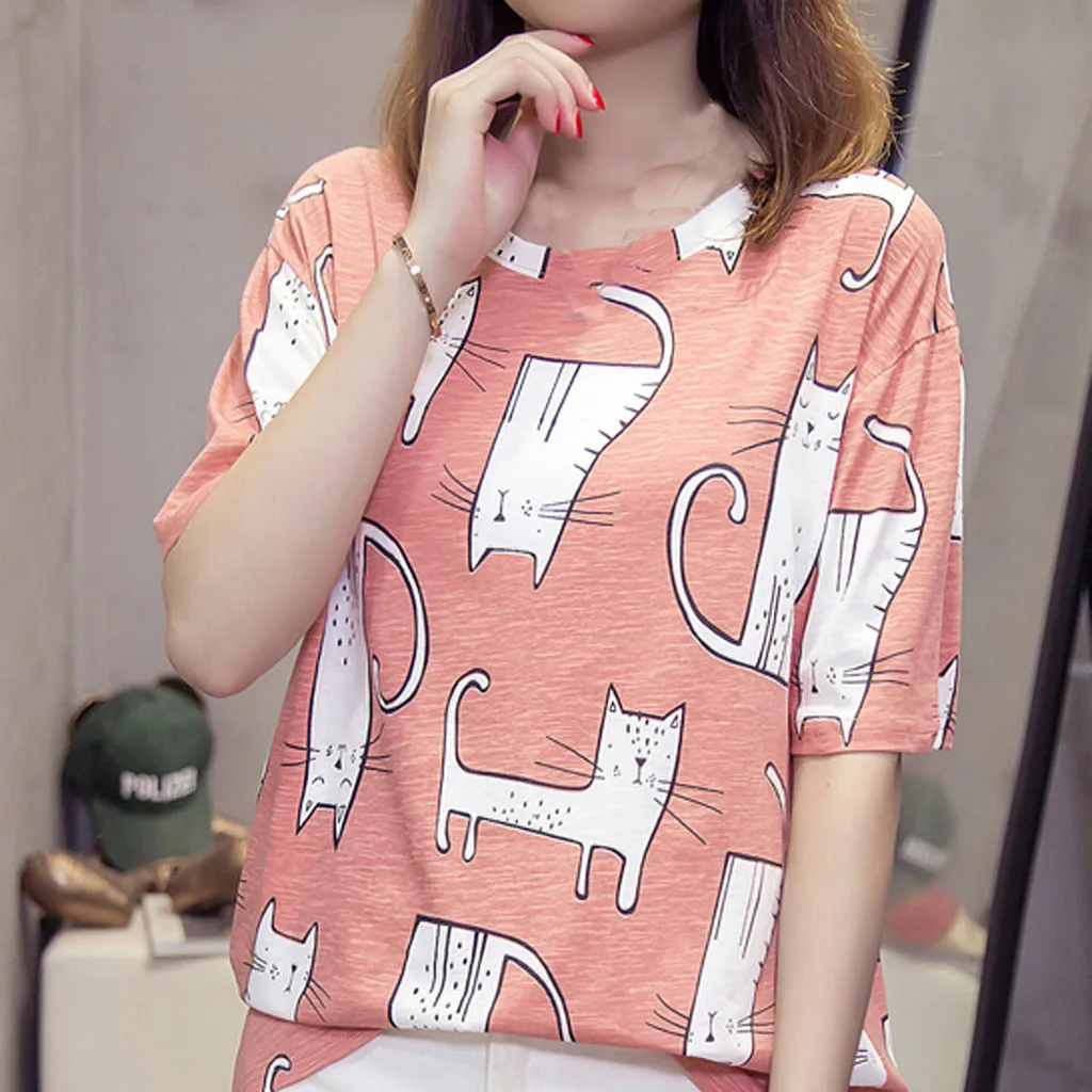 Милая мультяшная кошка с длинным хвостом напечатанная женская футболка новинка