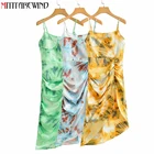 Женское плиссированное платье на бретелях-спагетти, облегающее асимметричное платье с цветочным принтом и высокой талией в стиле ретро, лето 2021