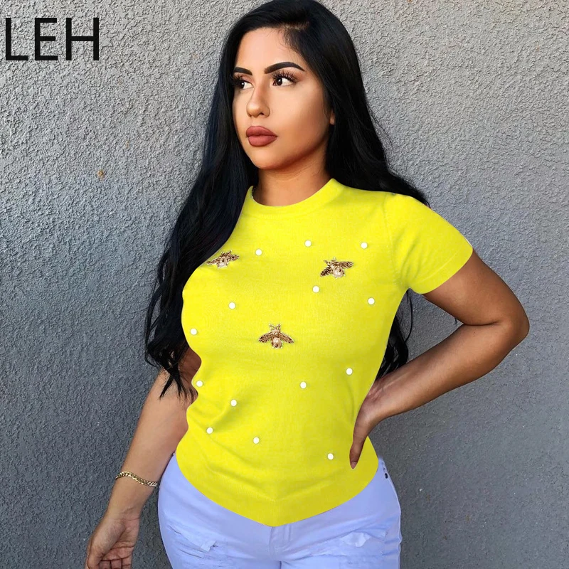 LEH женская футболка с коротким рукавом летняя жемчугом и бусинами Женская